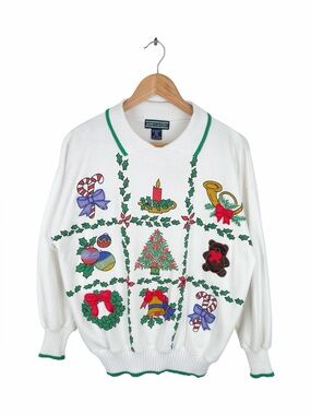 Women's Small Christmas Holiday Sweatshirt Embroidered Festive Collared Vintage
